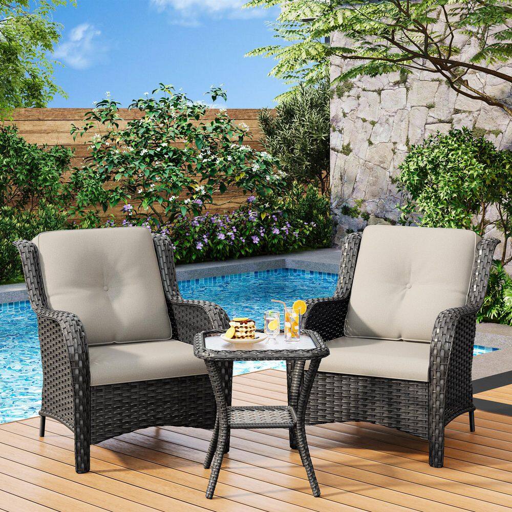 3-Piece Wicker Patio Outdoor Lounge Chair Set with Beige Cushions and Side Table price history on PriceWatchPro
