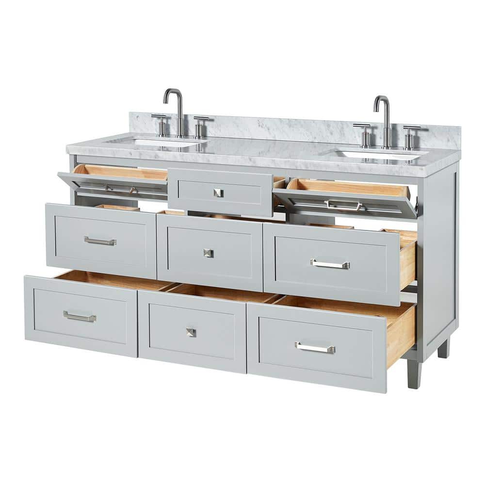 Monroe 67" Light Gray Wood Double Sink Vanity with Carrara Marble Top