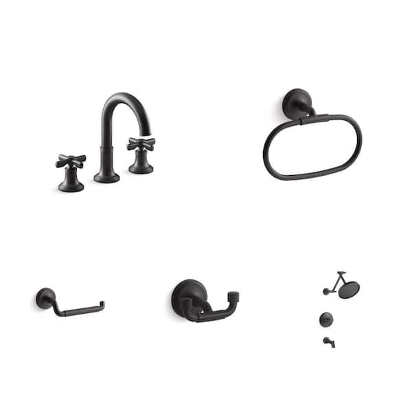 Paces Matte Black Bathroom Faucet, Towel Ring, Toilet Paper Holder, Robe Hook and Shower Faucet Combo