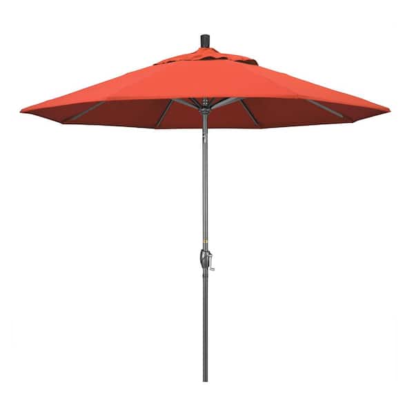California Umbrella 9 ft. Hammertone Grey Aluminum Market Patio Umbrella with Push Button Tilt Crank Lift in Sunset Olefin