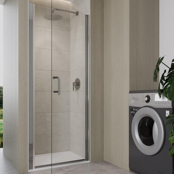 32 in. to 33-3/8 in. W x 72 in. H Semi-Frameless Pivot Shower Door in Chrome Finish with Clear Glass