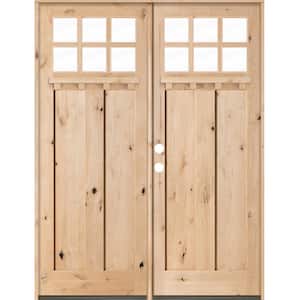 72 in. x 96 in. Craftsman Knotty Alder 6-Lite Clear Unfinished Wood/Dentil Shelf Right Active Double Prehung Front Door