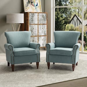 Cythnus Traditional Blue Nailhead Trim Upholstered Accent Armchair with Wood Legs Set of 2