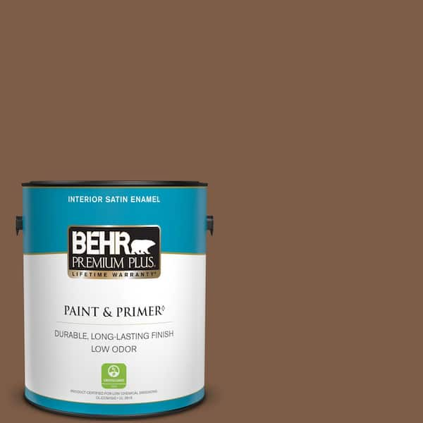 BEHR PREMIUM PLUS 1 gal. #BXC-65 Outback Brown Satin Enamel Low Odor Interior Paint & Primer