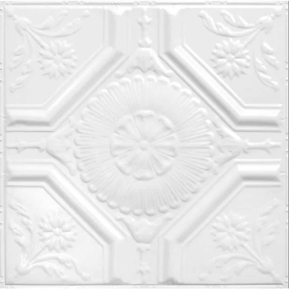 American Tin Ceilings 2 ft. x 2 ft. Pattern #23 Floral Diamonds - Bright White Satin - Nail Up Metal Ceiling Tiles (20 Sq. ft./Case)