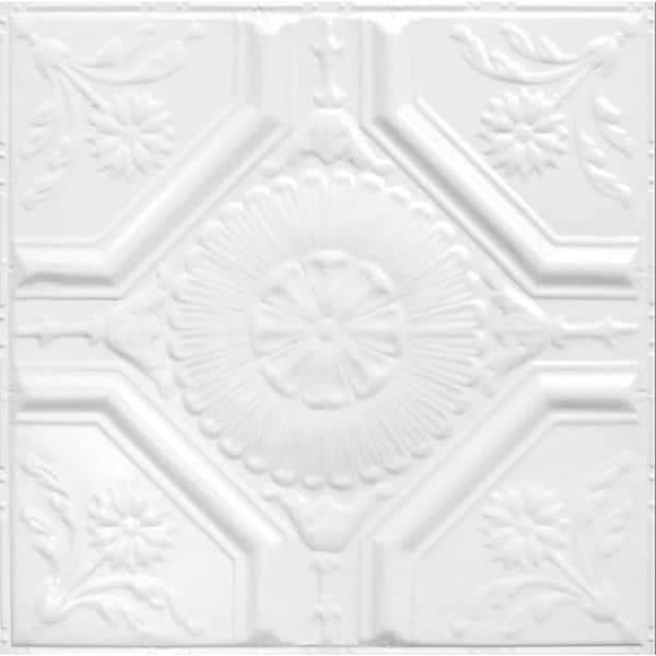 AMERICAN TIN CEILINGS 2 ft. x 2 ft. Pattern #23 Floral Diamonds - Bright White Satin - Nail Up Metal Ceiling Tiles (20 sq. ft./case)