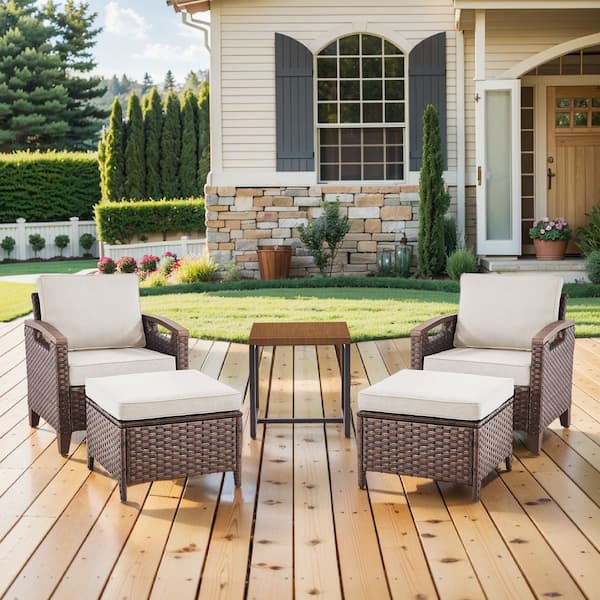 Kelsey Beige 5-Piece All-Weather Brown Wicker Outdoor Lounge Chairs with Ottomans and Side Table