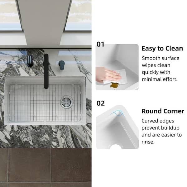 Undermount Kitchen Sink 30 in. x 19 in. Workstation White Fireclay Single Bowl, Drying Rack and Cutting Board Included