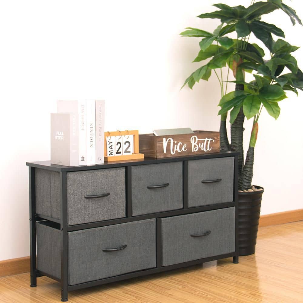 Gray 5-Drawer Fabric Storage Dresser with Steel Frame