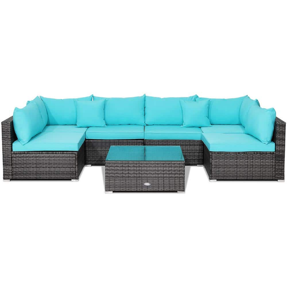 7-Piece Wicker Outdoor Patio Rattan Sectional Sofa Set Furniture Set with Turquoise Cushions -  Gymax, GYM10228