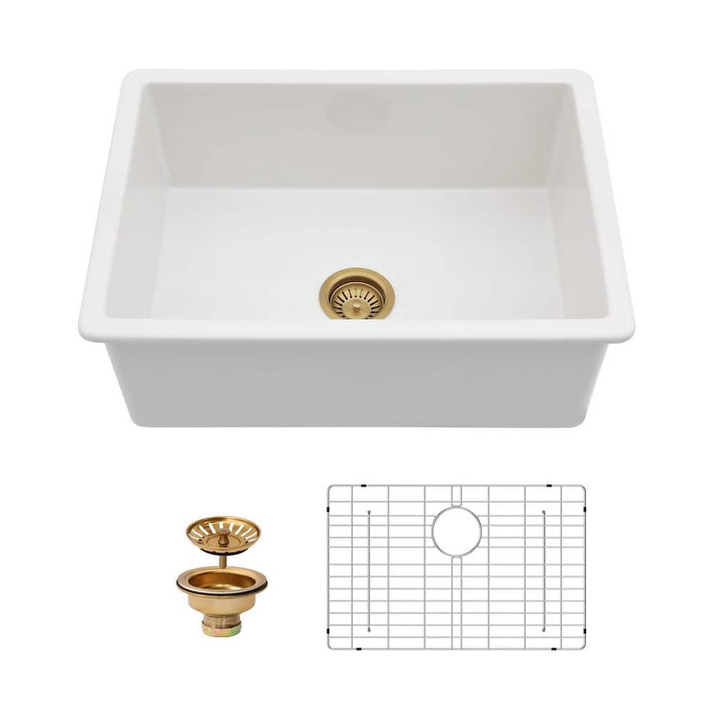 27 in. Undermount Single Bowl White Porcelain Fireclay Kitchen Sink with Stainless Steel Grid and Basket Strainer price history on PriceWatchPro