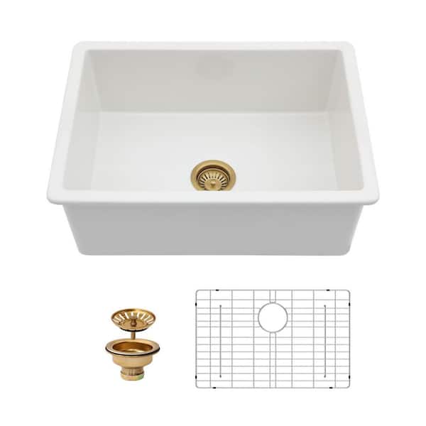 27 in. Undermount Single Bowl White Porcelain Fireclay Kitchen Sink with Stainless Steel Grid and Basket Strainer