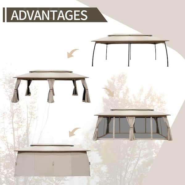 20 ft. x 10 ft. Outdoor Patio Double Vented Roof Gazebo with Beige Curtains and Mosquito Netting