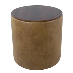 Light Brown Vegan Faux Leather with Wood Top Storage Ottoman