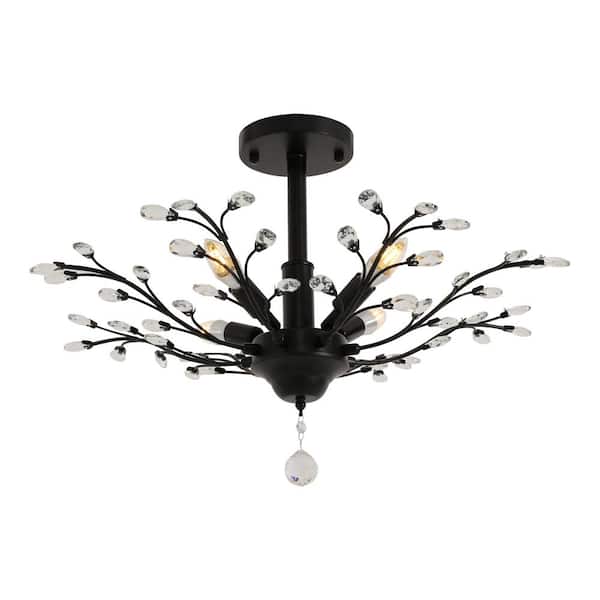 OUKANING 23.62 in. Black Vintage Crystal Branches Design 4-Light Semi-Flush Mount Ceiling Light for Bedroom, No Bulbs Included