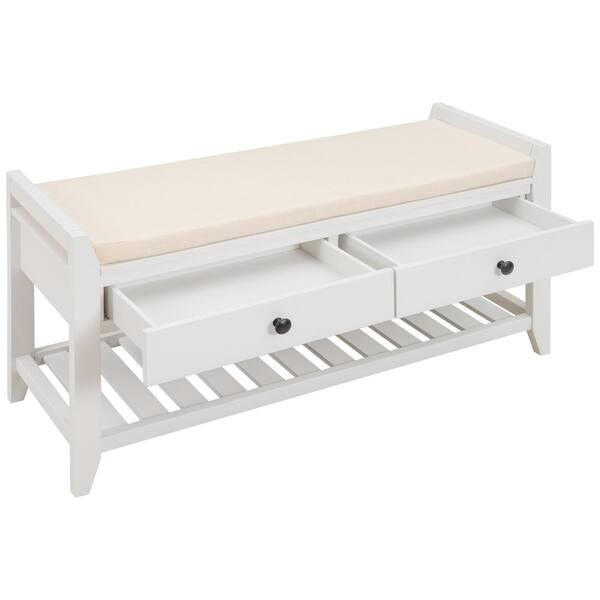 【sachi】WHITE_WOOD_BENCH Sachi Hyacinth Bench with White Linen Cushion