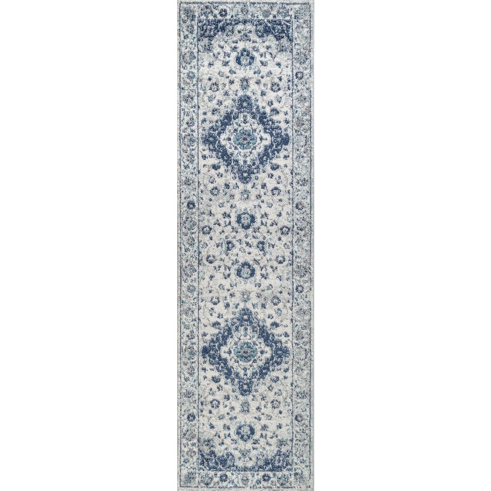 French Country Blues Medallion 2x8 Runner Rug in Synthetic Weave
