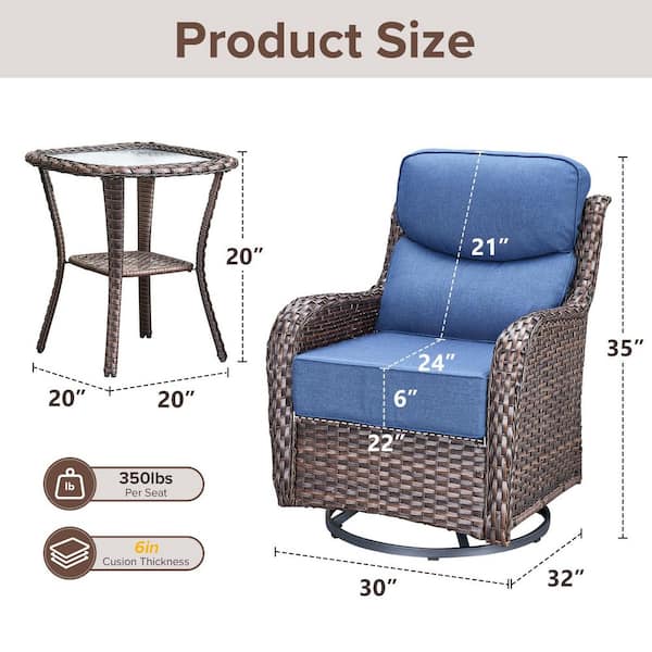 6 in Thicken Brown 3-Pieces Outdoor Patio Conversation Rocking Chair Swivel Glide with Table and Blue Cushions