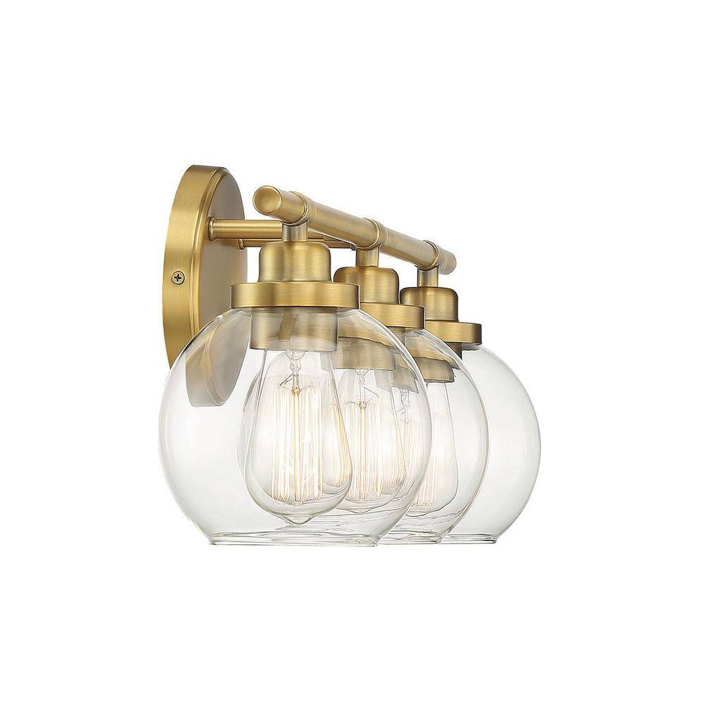 Mid-Century Modern Warm Brass 3-Light Vanity Bar with Clear Glass Shades