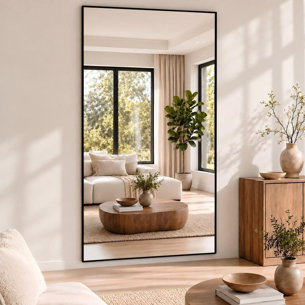 XRAMFY 34 in. W x 76 in. H Rectangular Black Aluminum Alloy Framed Modern Oversized Wall Mirror BMOMRTSC3476BK