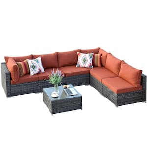 Gemini 7-Piece Wicker Outdoor Sectional Set with Orange Red Cushions