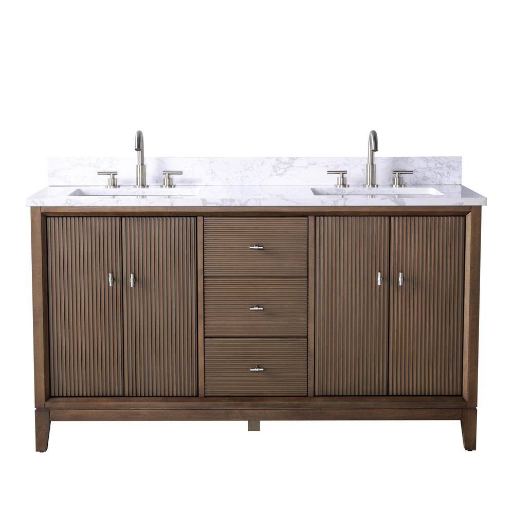 Walnut Freestanding Double Sink Vanity with Engineered Marble Top