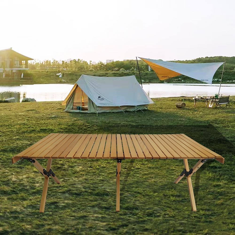Natural Brown Beech Wood Foldable Roll-Up Outdoor Dining Table