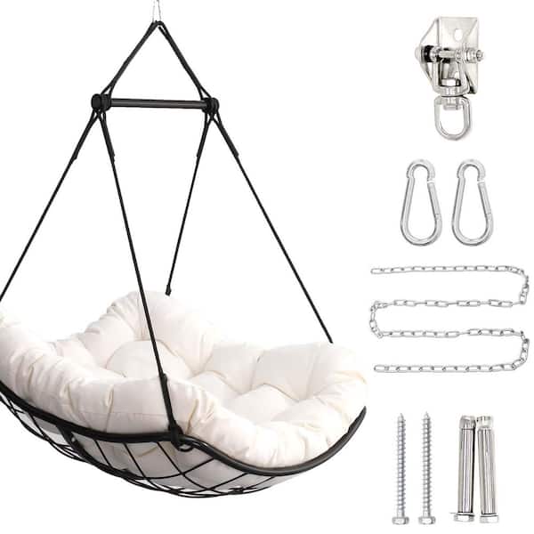 Sudzendf 3.12 ft. Portable Indoor Outdoor Hammock Chair with Anti-Slip Safety Rings and White Cushion