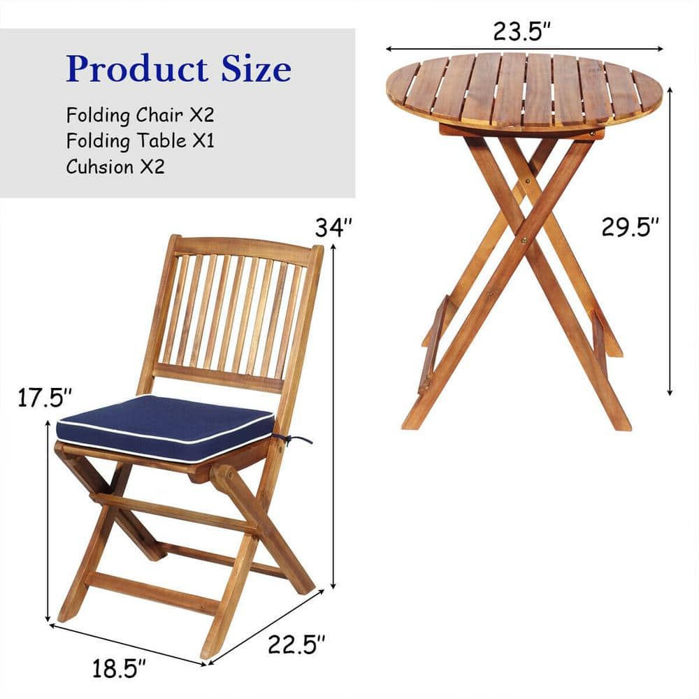 3-Piece Folding Acacia Wood Patio Bistro Set with Navy Cushions