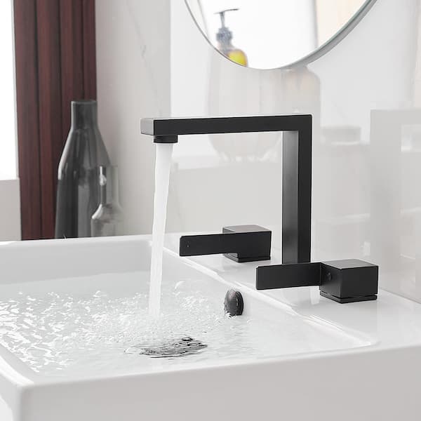 8 in. Widespread Double Handle High-Arc Bathroom Faucet Water-Saving With Drain Kit In Matte Black