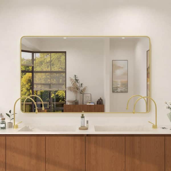 Dew 60 in. W x 36 in. H Rectangular Framed Wall Bathroom Vanity Mirror in Gold