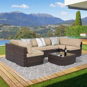 7-Piece PE Wicker Rattan Patio Conversation Sets All-Weather Sofa Set with Sand Cushion