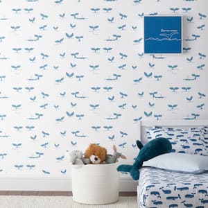 Whale Splash White Blue Peel and Stick Removable Wallpaper Panel (covers approx. 26 sq. ft.)