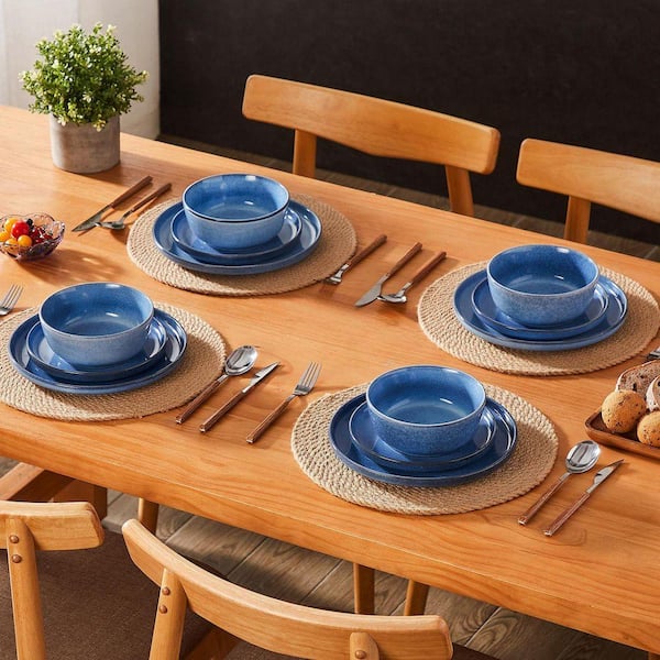 12-Piece Blue Stoneware Dinnerware Set (Service for 4) Glazed Tableware Set with Bowls and Plates for Kitchen Dining