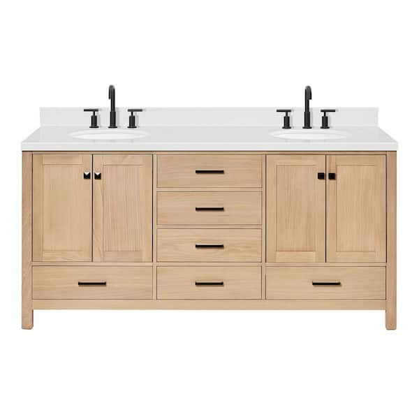 Cambridge 72 in. W x 22 in. D x 36 in. H Double Oval Sink Bath Vanity in Oak with Carrara White Quartz Top
