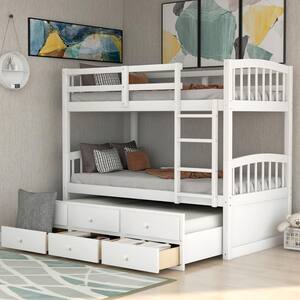 White Twin Over Twin Bunk Bed with Trundle and Three Drawers, Wood Kid Bunk Bed Frame with Safety Rail and Ladder