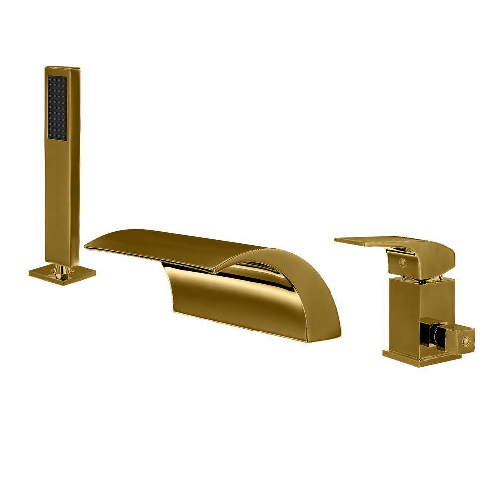 Gold Deck Mounted Waterfall Tub Faucet with Hand Shower