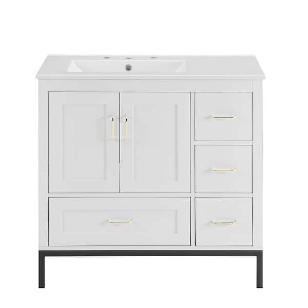 FUNKOL 36 in. x 18.3 in. x 32.9 in. White MDF Rectangle Bathroom Vanity Cabinet Ready to Assembly, Solid Wood Plus