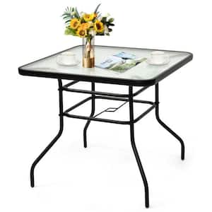 32 in. Tempered Glass Tabletop Steel Frame Square Outdoor Dining Patio Table with Umbrella Hole
