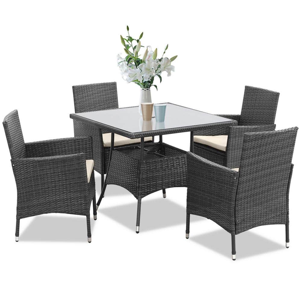 Gray 5-Piece Wicker Outdoor Dining Set, Patio Table and Chairs Set with Bei