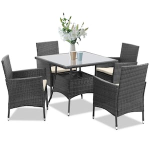 Gray 5-Piece Wicker Outdoor Dining Set, Patio Table and Chairs Set with Beige Cushions, Square Tempered Glass Tabletop