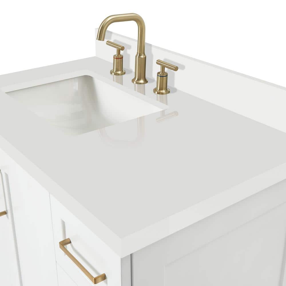 White Quartz Top Single Sink Bathroom Vanity with Brass Hardware