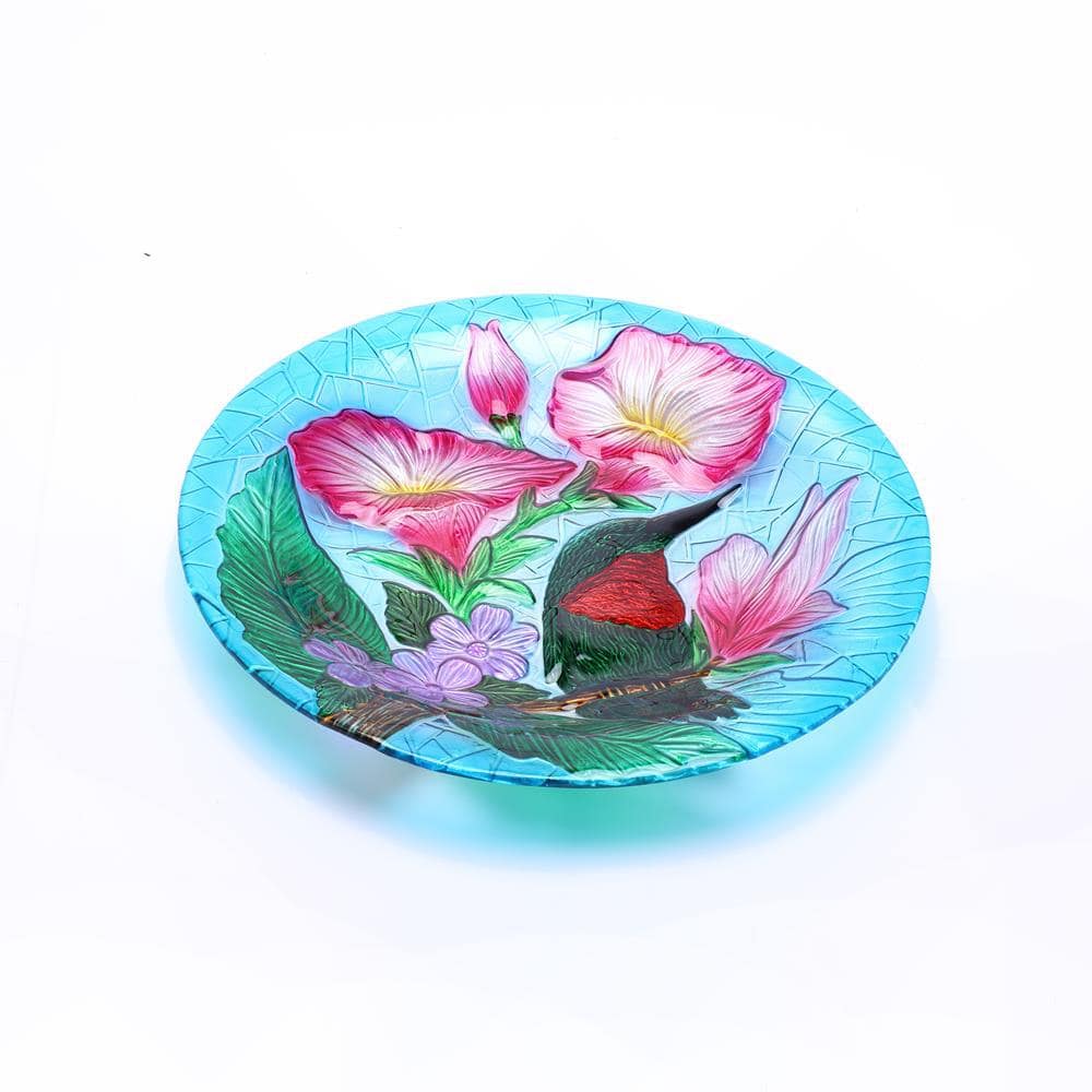 Hummingbird Floral Glass Birdbath with Metal Stand