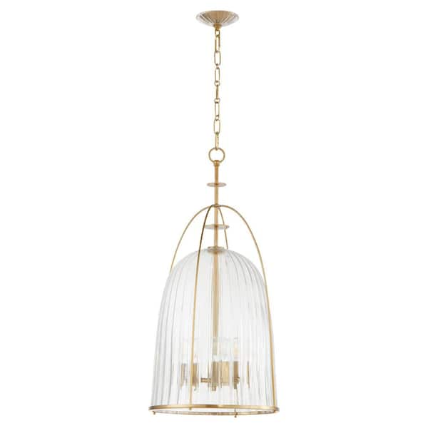 Alice 100-Watt 3-Lights Aged Brass16 in. Pendant Light with Clear Fluted Glass Shade, No Bulb included