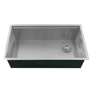 33 in. Undermount Single Bowl 16-Gauge Handcrafted Gray Stainless Steel Kitchen Sink with Grid and Strainer Baskets