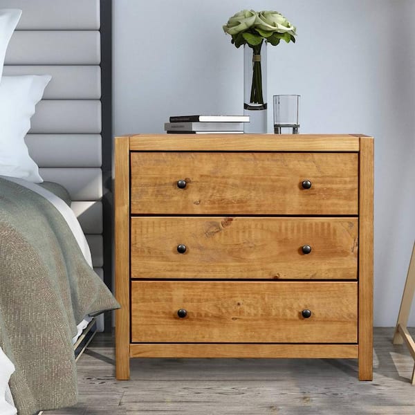 MUSEHOMEINC 3-Drawer Oak Rustic Solid Wood Storage Dresser Nightstand 30.04 in. x 17.99 in. x 31.5 in.