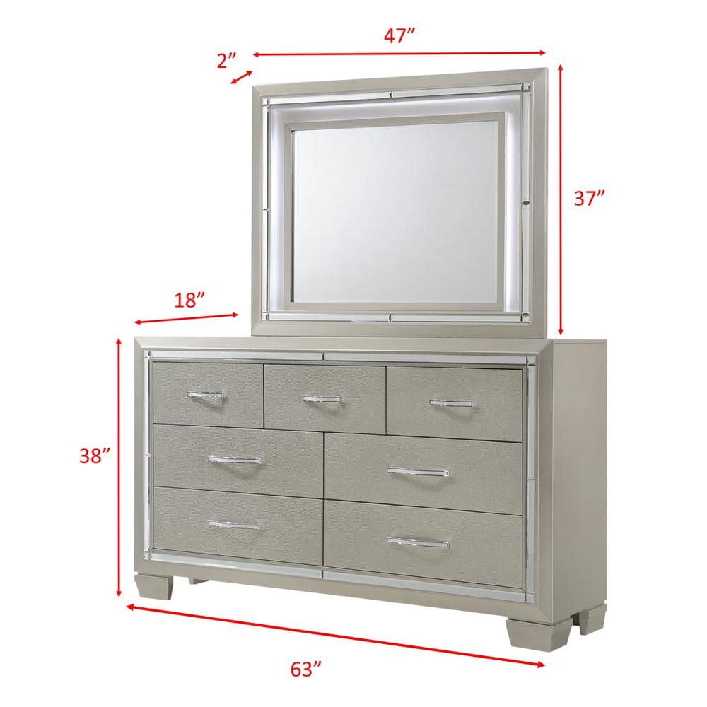 Champagne Double Dresser with Mirror and Crystal Handles