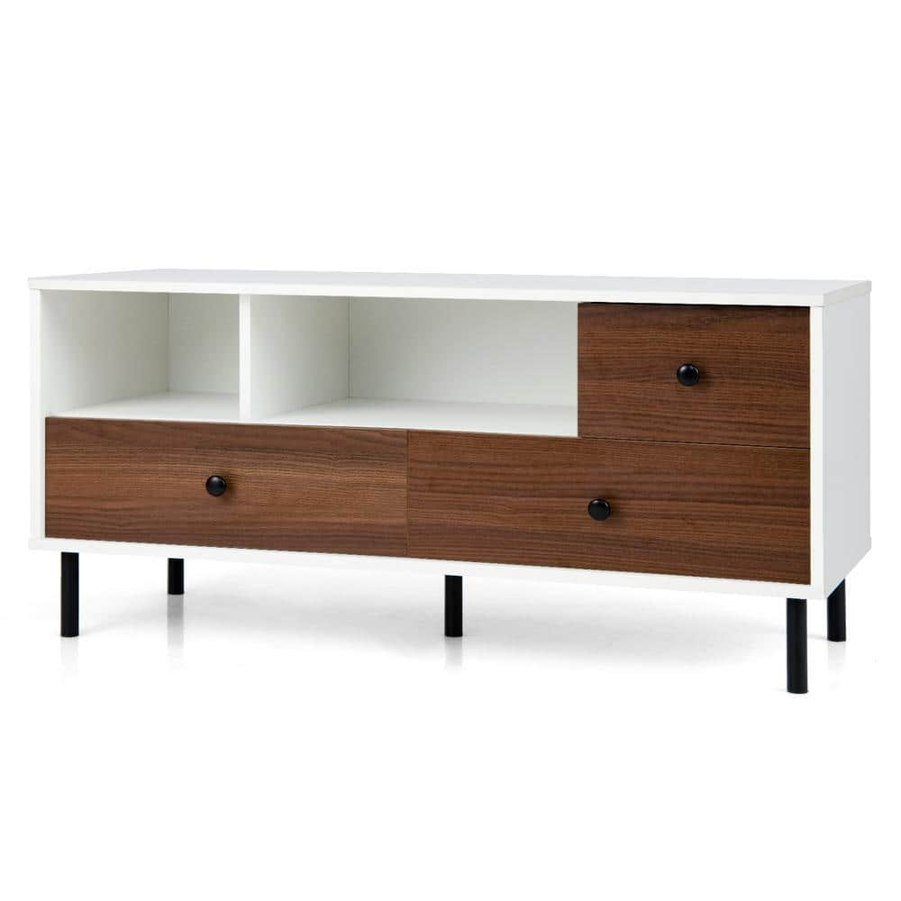 Costway White and Walnut Mid-Century TV Stand Fits Up To 50 in. Media  Entertainment Center Console with 2-Cubbies and 3-Drawers HV10344 - The  Home Depot