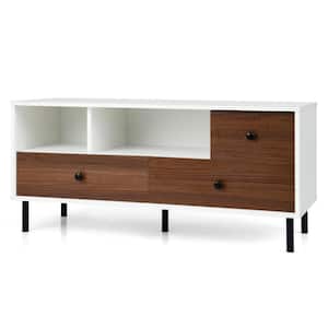 White and Walnut Mid-Century TV Stand Fits Up To 50 in. Media Entertainment Center Console with 2-Cubbies and 3-Drawers