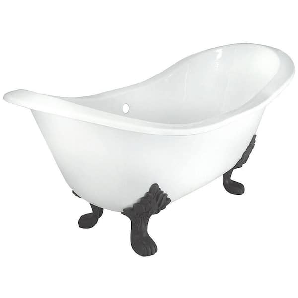 Elizabethan Classics 71 in. Double Slipper Cast Iron Tub Less Faucet Holes in White with Lion Paw Feet in Oil Rubbed Bronze